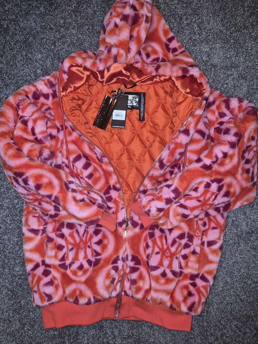 Men's Hooded Puffer Jacket in Orange and Pink Pattern